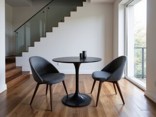 Dining Area with Chairs. A modern dining area featuring a round table and two stylish chairs.