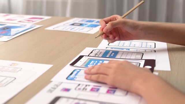 Startup company employee planning for user interface prototype for mobile application or website in office with model of program on desk. UX UI designer consider user friendly interface plan. Synergic