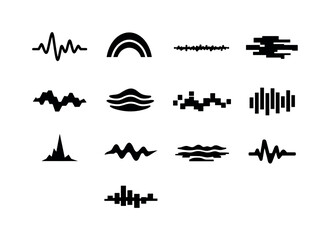 Fototapeta premium Digital Sound Patterns Icons. Synthetic sound patterns. Solid icon set of synthetic sound patterns: digital waveform, modulated arc, granular line, glitch bar,