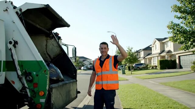 A sanitation worker waves while operating a garbage truck in a neighborhood.