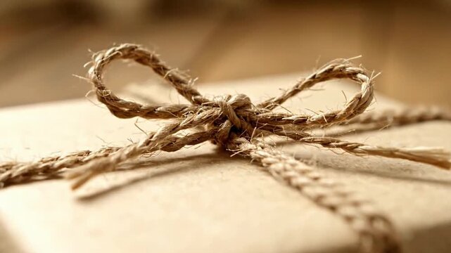A close-up of a beautifully tied bow on a rustic gift package.