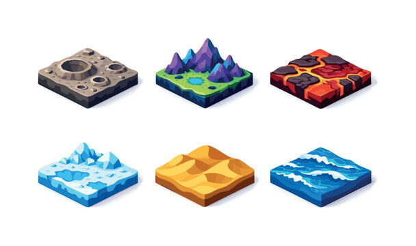 Isometric Planet Surfaces. Planets Surface. Isometric flat vector icons set of planets surface: cratered terrain, alien mountains, lava planet surface, icy