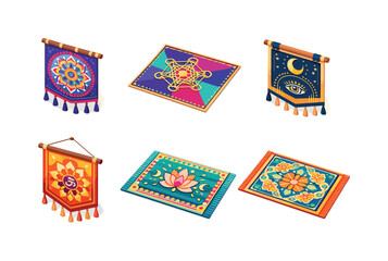 Isometric Spiritual Mandalas. Spiritual Art. Isometric flat vector icons set of Spiritual Art: sacred mandala tapestry, geometric spiritual cloth, ritual