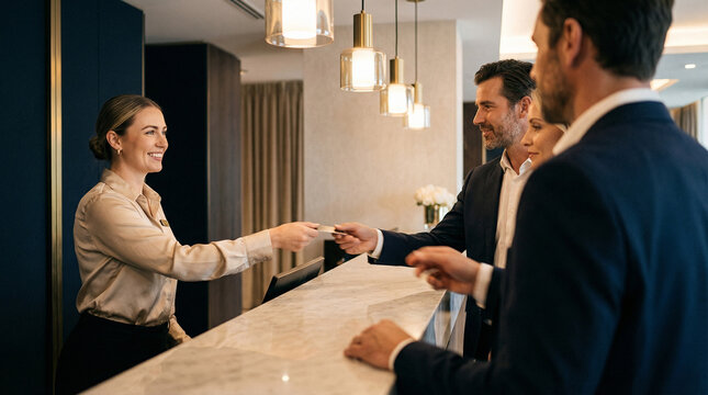 Smiling female receptionist in beige blouse hands keycard to male guests at hotel front desk in modern lobby. Concept of hospitality, customer service, check-in, and business travel experience.