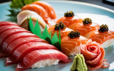 A beautifully arranged platter features various types of fresh sushi, including salmon nigiri and tuna rolls. Garnishes like pickled ginger, wasabi, and black roe add vibrant color and flavor to the m