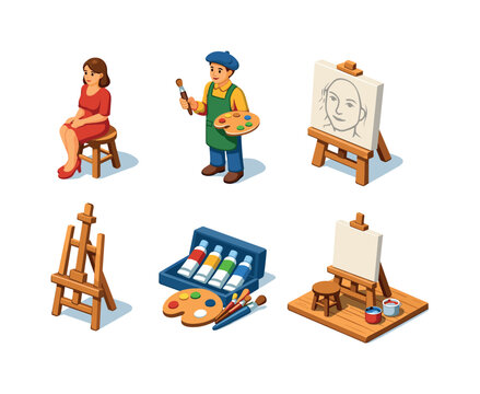 Vector Art Studio. Portrait painting. Isometric flat vector icons set of Portrait painting: seated portrait model, painter holding palette, canvas with face