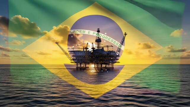 Offshore Oil Rig Platform in the Ocean with Brazil Flag Overlay at Sunset, Concept of Brazilian Energy Industry and Petroleum Production