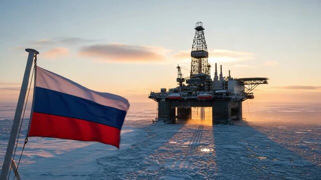Russian flag waving in front of an offshore oil rig platform in the frozen Arctic sea at sunset, energy industry and natural resources extraction in cold winter climate