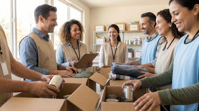 Group of diverse volunteers packing canned food and clothes into boxes in bright room. Concept of charity, community support, teamwork, and helping people in need during donation event.
