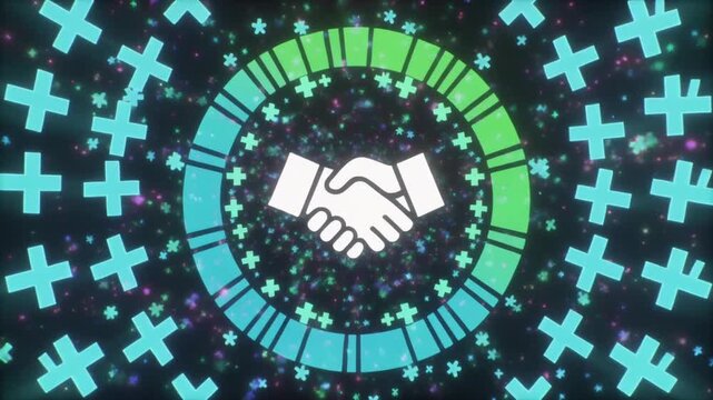 Modern Digital Collaboration Graphic: Central Handshake Icon in Green-Cyan-Blue Gradient Ring with White Plus Symbols on Black Background