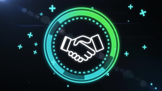Modern Partnership Digital Icon Design: Handshake Encircled by Gradient Ring with Repeating White Plus Symbols