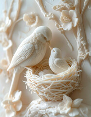 3D Relief Carving of Pastel Nesting Birds 3
