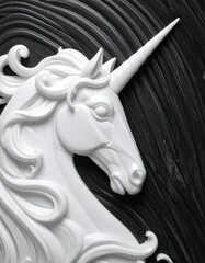 3-Dimensional White Unicorn Sculpture on a Black Marble Background 2