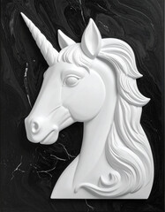3-Dimensional White Unicorn Sculpture on a Black Marble Background 1