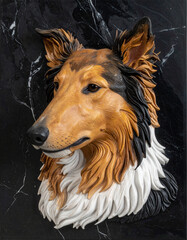 3D Portrait of a Collie Dog Against a Black Marble Background 2