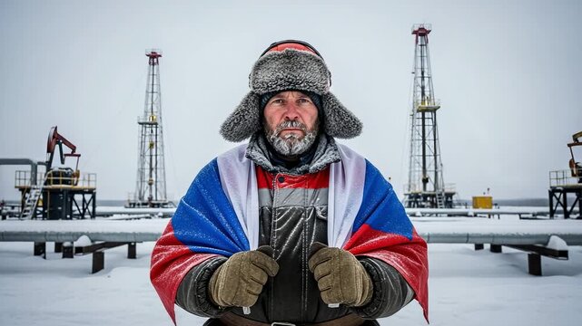 Portrait of a middle-aged Russian oil worker wearing a traditional fur hat and draped in a national flag, standing in a snowy industrial oil field with drilling rigs and pipelines.
