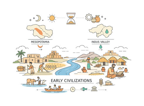 Ancient River Civilizations. The history of the world?s first civilizations (Mesopotamia, Indus Valley). Editorial scene of early river valley settlements with