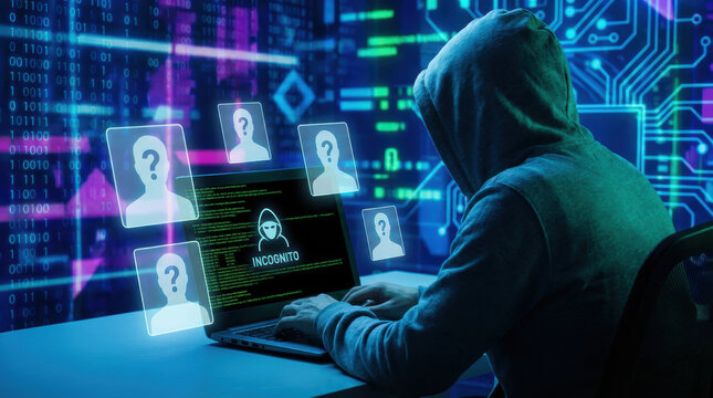 Anonymous hacker cyber security online privacy data protection digital identity incognito mode cybercrime hacking concept data theft dark web An anonymous hacker hoodie online privacy protection