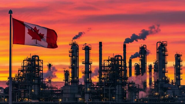 Canadian flag waving in front of a large industrial oil refinery plant with smoke stacks at sunset, energy industry and environmental concept in Canada