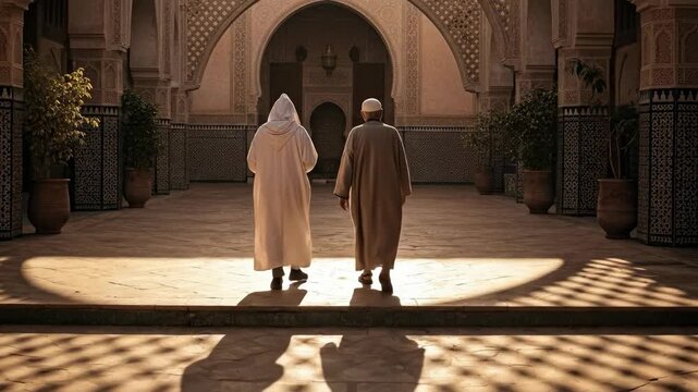 Two elderly men in traditional Moroccan djellaba walking through a sunlit courtyard of an ancient riad in Marrakech, Morocco, showcasing Islamic architecture and culture.