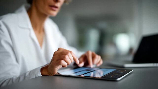 Business professional working with digital data analytics on a tablet device placed on a clean desk surface
