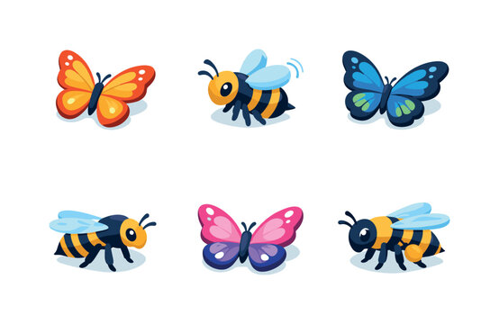 Butterflies and Bees Icons. Butterflies & Bees Icons. Isometric flat vector icons set of Butterflies & Bees Icons: spring butterfly, buzzing bee, tropical