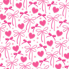 Pink Valentine&rsquo;s Day Seamless Pattern with Cute Bows and Stitched Hearts, Romantic Love Background for Gift Wrap, Packaging, Textile, Scrapbooking and Holiday Design.
