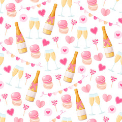 Valentine&rsquo;s Day Seamless Pattern with Champagne Bottles, Glasses, Macarons and Hearts, Romantic Celebration Background for Gift Wrap, Packaging, Textile, Wedding and Holiday Design.