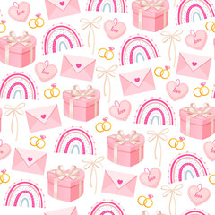 Valentine&rsquo;s Day Seamless Pattern with Pink Gift Boxes, Love Envelopes, Rainbows and Wedding Rings, Romantic Celebration Background for Gift Wrap, Packaging, Textile and Wedding Design.