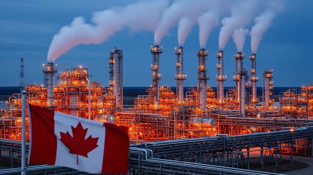 Industrial oil refinery plant at night with Canadian flag in the foreground, energy production and petroleum industry in Canada with smoke from chimneys