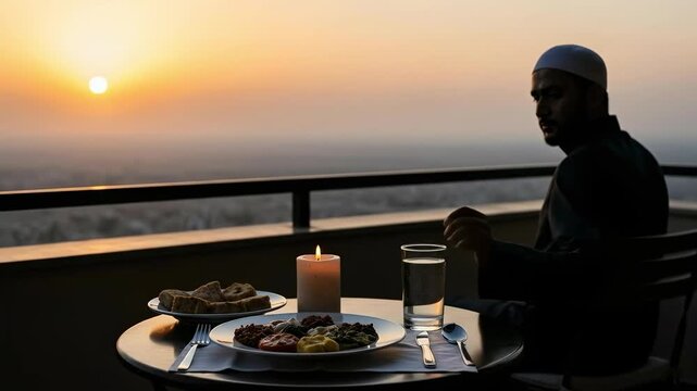 A Middle Eastern Muslim man in his 30s wearing a white kufi cap sits at a balcony table at sunset for Iftar during Ramadan with a plate of food and a candle.