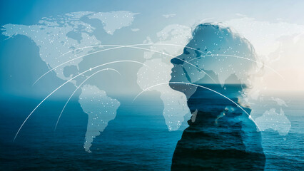 Silhouette of a person envisioning a connected global future