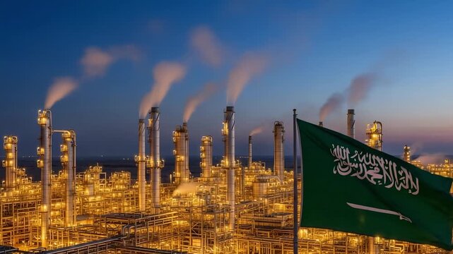 Industrial Oil Refinery Plant at Night with Saudi Arabia Flag Waving in the Foreground and Smoke Stacks Emitting Vapor
