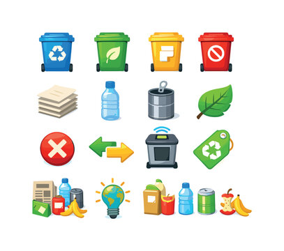 Colorful Waste Sorting Icons. WasteSorting. Colorful flat vector icons set of WasteSorting: color-coded bins, paper icon, plastic bottle, metal can, compost