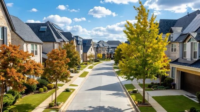 Quiet residential street in neighborhood row of newly developed luxury new development of expensive two-story solar roof panel homes