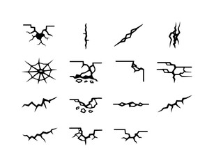 Obraz premium Wall Crack Icons. Wall Crack. Line icon set of Wall Crack: broken wall, cracked surface, vertical crack, diagonal crack, deep fracture, spiderweb crack,
