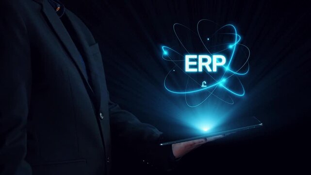 ERP platform visual showing centralized system for enterprise resource planning, improving integration, data flow, business efficiency, finance, inventory, and human resources. Elide