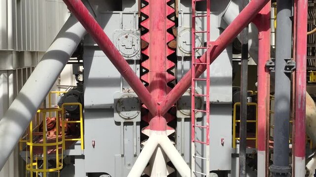 Jack up rig legs, fixation system and jacking motor on a jack up rig.
