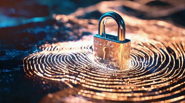 Metallic padlock sits atop a glowing, fingerprint-like pattern, digital security concept