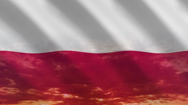 Flag of Poland waving against a vibrant sunset, creating a patriotic and inspiring atmosphere with warm tones.
