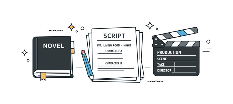 Screenwriting Desk Essentials. Screenwriting adaptation process. A desk scene with a book, script pages, and a clapperboard arranged neatly. The mood feels
