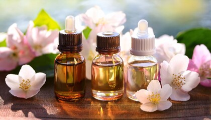 Essential Oils Jasmine And Sakura Aromatherapy Bottles Closeup