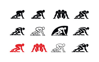 Track Workout Icons. Track workout. Icon set. Set Logo of track workout: sprinter starting block pose. harmonious logo variations of the same emblematic