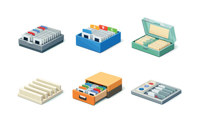 Obraz premium Isometric Slide Storage Icons. Slide storage tools. Isometric flat vector icons set of slide storage tools: plastic slide tray, indexed slide organizer, glass