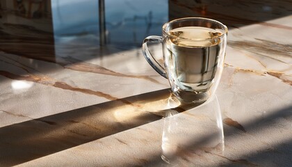 Glass Cup Reflecting Sunlight And Creating Shimmering Light Patterns On A Marble Surface