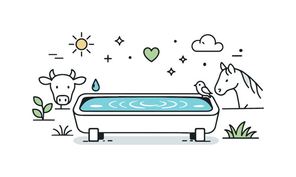 Animal Water Trough. Water source for animals. A trough with gentle ripples shows fresh water availability, symbolizing care, sustainability, and wellbeing.