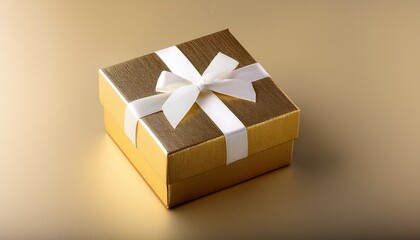 Gold Square Gift Box With Cream White Ribbon Bow
