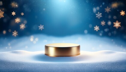 Single Round Golden Podium On The Snow Mist Light Blue Bokeh Backdrop For Product Display