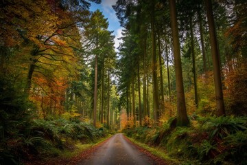 Fototapeta premium Scenic Autumn Forest Road Surrounded by Lush Greenery and Trees