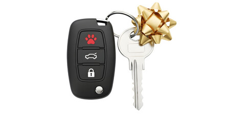 Car key fob with golden key isolated on transparent background representing social elements sell concept